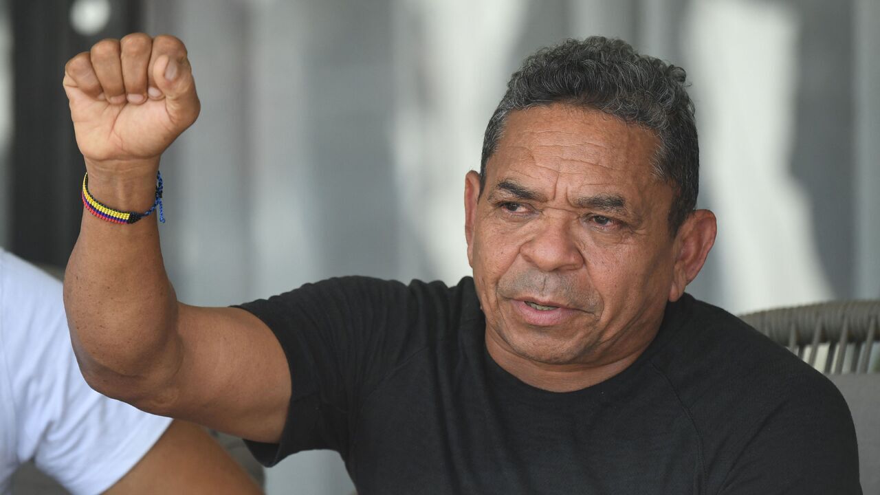 Luis Manuel Diaz, father of Liverpool's forward Luis Diaz, gestures during a press conference at his house in Barrancas, Colombia on November 10, 2023. Colombia's ELN guerrilla group on Thursday freed the father of Liverpool footballer Luis Diaz, ending a 12-day kidnapping ordeal and triggering celebration in his hometown. After days of negotiations for the handover, the rebels presented Luis Manuel Diaz to humanitarian workers at an undisclosed location in the Serrania del Perija mountain range on the border with Venezuela.
