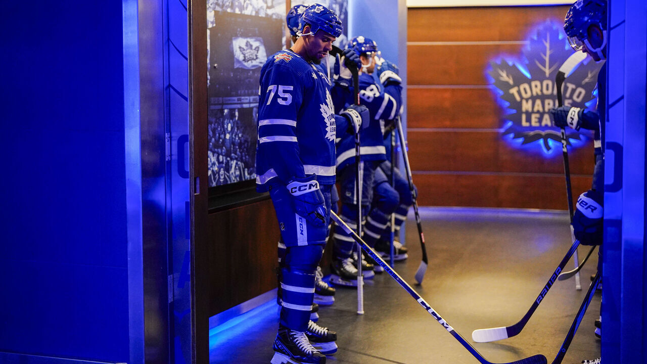 TORONTO, ON - NOVEMBER 8: Ryan Reaves #75 of the Toronto Maple Leafs prepares to face the Ottawa Senators at the Scotiabank Arena on November 8, 2023 in Toronto, Ontario, Canada.