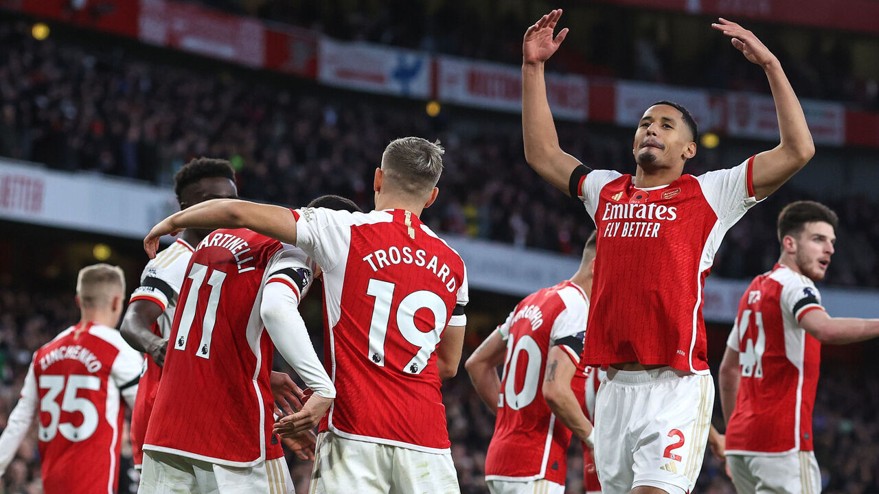 LONDON, ENGLAND - NOVEMBER 11: William Saliba of Arsenal celebrates scoring their 2nd goal during the Premier League match between Arsenal FC and Burnley FC at Emirates Stadium on November 11, 2023 in London, United Kingdom.