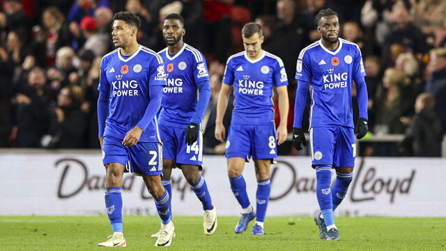 MIDDLESBROUGH, ENGLAND - NOVEMBER 11: Leicester City's James Justin and teammates look dejected after conceding during the Sky Bet Championship match between Middlesbrough and Leicester City at Riverside Stadium on November 11, 2023 in Middlesbrough, England.