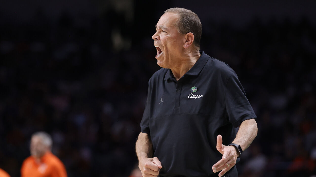 BIRMINGHAM, ALABAMA - MARCH 18: Head coach Kelvin Sampson of the Houston Cougars reacts during the first half against the Auburn Tigers in the second round of the NCAA Men's Basketball Tournament at Legacy Arena at the BJCC on March 18, 2023 in Birmingham, Alabama.