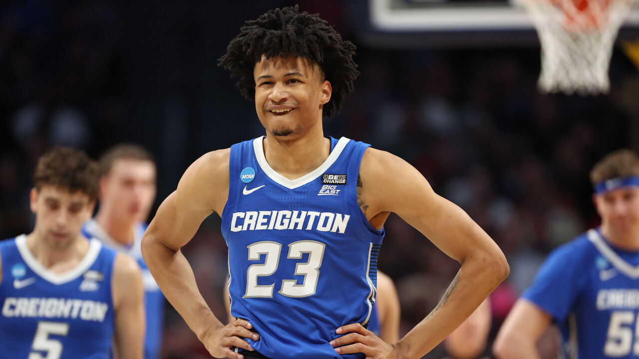 DENVER, CO - MARCH 19: Trey Alexander #23 of the Creighton Bluejays reacts to a play against the Baylor Bears during the first half of the second round of the 2023 NCAA Men's Basketball Tournament held at Ball Arena on March 19, 2023 in Denver, Colorado.