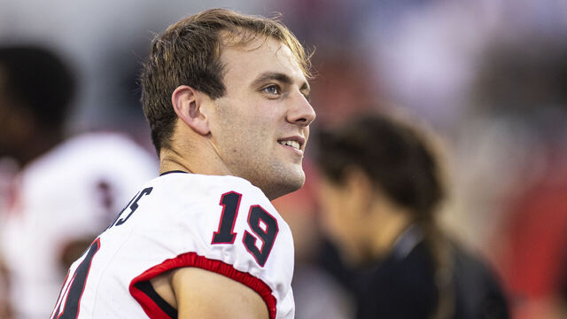 JACKSONVILLE, FLORIDA - OCTOBER 28: Brock Bowers #19 of the Georgia Bulldogs looks on during the second half of a game against the Florida Gators at EverBank Stadium on October 28, 2023 in Jacksonville, Florida.