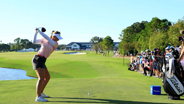 BELLEAIR, FLORIDA - NOVEMBER 11: Emily Kristine Pedersen of Denmark plays her shot from the 18th tee during the third round of The ANNIKA driven by Gainbridge at Pelican at Pelican Golf Club on November 11, 2023 in Belleair, Florida.