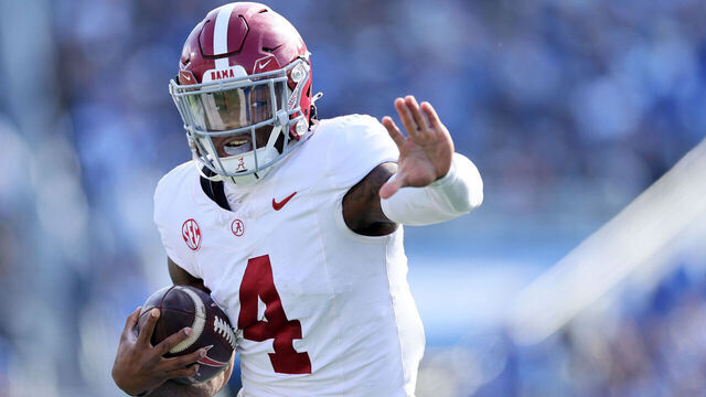 LEXINGTON, KENTUCKY - NOVEMBER 11: Jalen Milroe #4 of the Alabama Crimson Tide against the Kentucky Wildcats at Kroger Field on November 11, 2023 in Lexington, Kentucky.