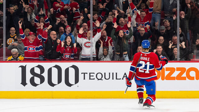 MONTREAL, CANADA - NOVEMBER 11: Kaiden Guhle #21 of the Montreal Canadiens celebrates after the game winning goal of the NHL regular season game between the Boston Bruins and the Montreal Canadiens at the Bell Centre on November 11, 2023 in Montreal, Quebec, Canada.