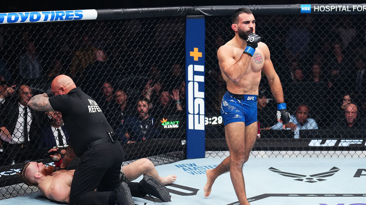 NEW YORK, NEW YORK - NOVEMBER 11: Benoit Saint Denis of France reacts after defeating Matt Frevola by TKO in a lightweight fight during the UFC 295 event at Madison Square Garden on November 11, 2023 in New York City.