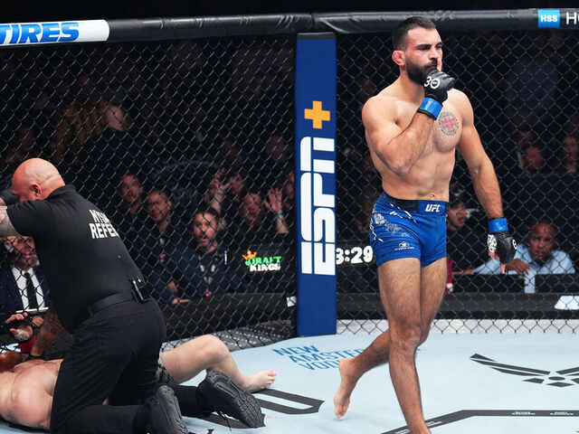 NEW YORK, NEW YORK - NOVEMBER 11: Benoit Saint Denis of France reacts after defeating Matt Frevola by TKO in a lightweight fight during the UFC 295 event at Madison Square Garden on November 11, 2023 in New York City.
