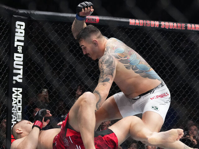 NEW YORK, NEW YORK - NOVEMBER 11: Tom Aspinall of England knocks down Sergei Pavlovich of Russia in the interim UFC heavyweight championship fight during the UFC 295 event at Madison Square Garden on November 11, 2023 in New York City.