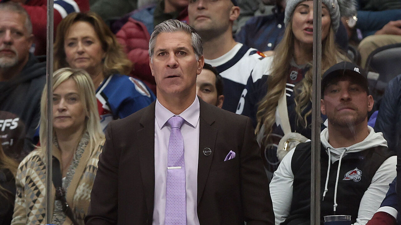 DENVER, COLORADO - NOVEMBER 09: Manager Jared Bednar of the Colorado Avalanche watches his team play against the Seattle Kraken in the first period at Ball Arena on November 09, 2023 in Denver, Colorado.