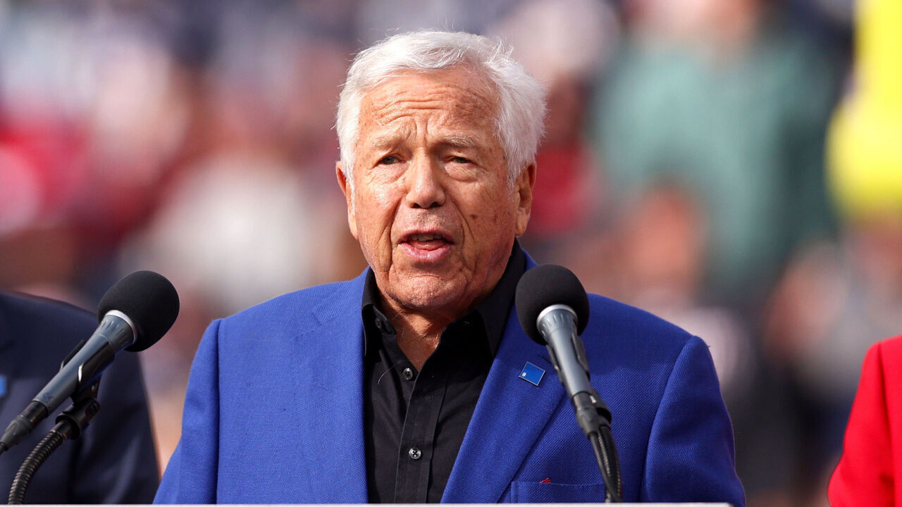 FOXBOROUGH, MASSACHUSETTS - OCTOBER 22: New England Patriots owner Robert Kraft speaks during a New England Patriots Hall of Fame induction ceremony during halftime of the game against the Buffalo Bills at Gillette Stadium on October 22, 2023 in Foxborough, Massachusetts.