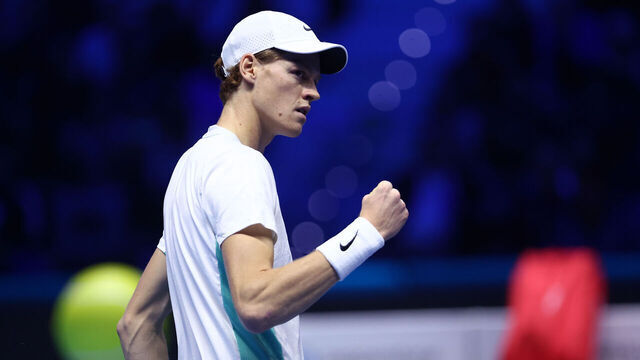 TURIN, ITALY - NOVEMBER 12: Jannik Sinner of Italy celebrates during the singles match between Jannik Sinner of Italy and Stefanos Tsitsipas of Greece on Day One of the Nitto ATP World Tour Finals at Pala Alpitour on November 12, 2023 in Turin, Italy