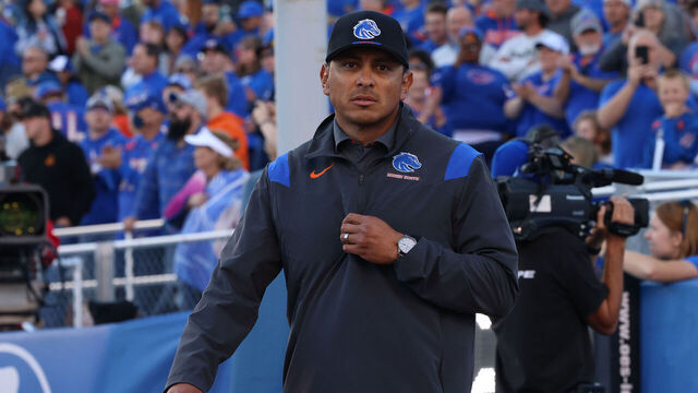 BOISE, ID - SEPTEMBER 30: Boise State Broncos head coach Andy Avalos walks onto the football field before the start of a regular season NCAA football game between the San Diego State Aztecs and the Boise State Broncos Friday, Sept. 30, 2022, at Albertsons Stadium in Boise, ID. (Marc Sanchez/Icon Sportswire via Getty Images)