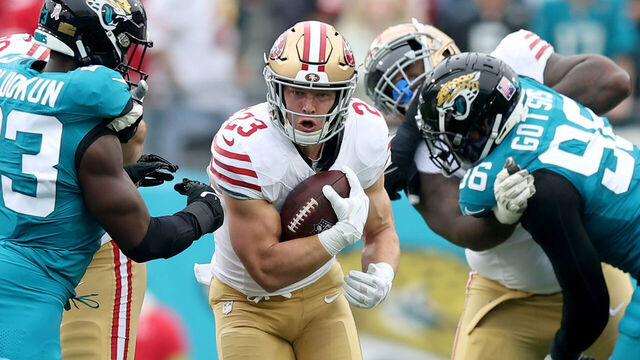 JACKSONVILLE, FLORIDA - NOVEMBER 12: Christian McCaffrey #23 of the San Francisco 49ers runs with the ball during the second quarter against the Jacksonville Jaguars at EverBank Stadium on November 12, 2023 in Jacksonville, Florida.