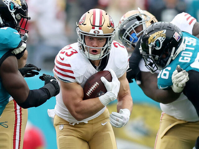 JACKSONVILLE, FLORIDA - NOVEMBER 12: Christian McCaffrey #23 of the San Francisco 49ers runs with the ball during the second quarter against the Jacksonville Jaguars at EverBank Stadium on November 12, 2023 in Jacksonville, Florida.