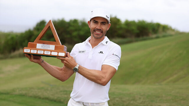 SOUTHAMPTON, BERMUDA - NOVEMBER 12: Camilo Villegas of Colombia poses with the trophy after winning the Butterfield Bermuda Championship at Port Royal Golf Course on November 12, 2023 in Southampton, Bermuda.