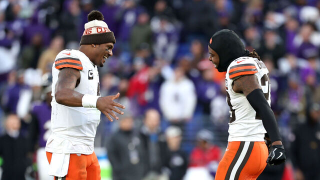 BALTIMORE, MARYLAND - NOVEMBER 12: Deshaun Watson #4 of the Cleveland Browns and Martin Emerson Jr. #23 celebrate after a made field goal during the fourth quarter at M&T Bank Stadium on November 12, 2023 in Baltimore, Maryland.