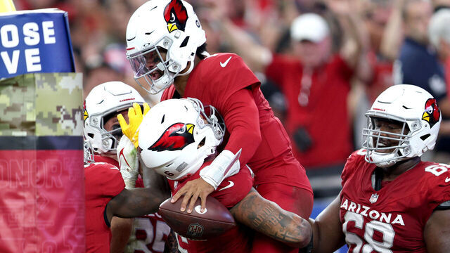 GLENDALE, ARIZONA - NOVEMBER 12: Kyler Murray #1 of the Arizona Cardinals celebrates a touchdown with teammates against the Atlanta Falcons during the second quarter at State Farm Stadium on November 12, 2023 in Glendale, Arizona.