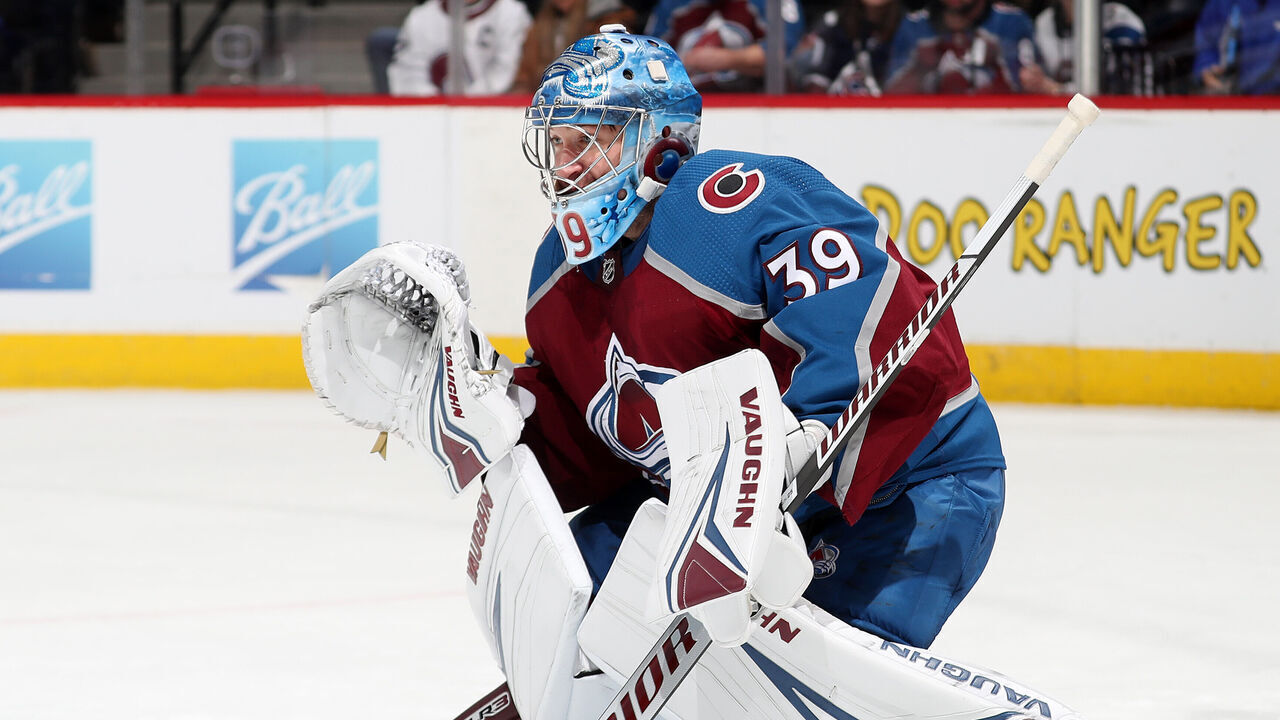 DENVER, COLORADO - JANUARY 26: Goaltender Pavel Francouz #39 of the Colorado Avalanche defends against the Anaheim Ducks at Ball Arena on January 26, 2023 in Denver, Colorado.
