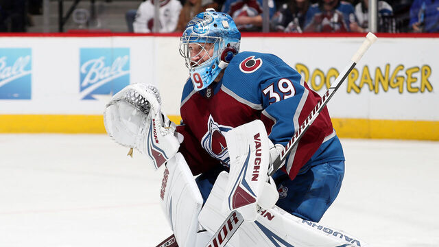 DENVER, COLORADO - JANUARY 26: Goaltender Pavel Francouz #39 of the Colorado Avalanche defends against the Anaheim Ducks at Ball Arena on January 26, 2023 in Denver, Colorado.