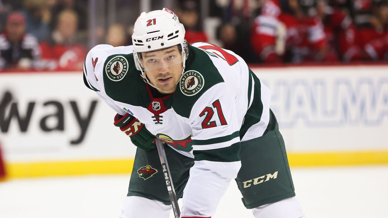 NEWARK, NJ - OCTOBER 29: Minnesota Wild right wing Brandon Duhaime (21) looks on during a game between the Minnesota Wild and New Jersey Devils on October 29, 2023 at Prudential Center in the Newark, New Jersey.