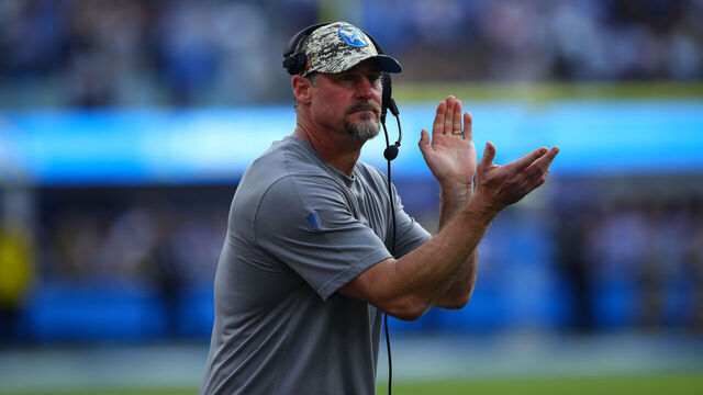 INGLEWOOD, CA - NOVEMBER 12: Detroit Lions Dan Campbell claps during the NFL game between the Detroit Lions and the Los Angeles Chargers on November 12, 2023, at SoFi Stadium in Inglewood, CA.