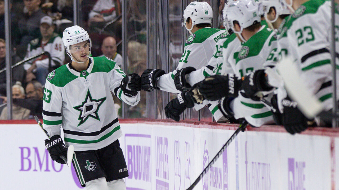 SAINT PAUL, MN - NOVEMBER 12: Dallas Stars center Wyatt Johnston (53) gives teammates fist bumps after a goal during the NHL game between the Dallas Stars and Minnesota Wild on November 12th, 2023, at the Xcel Energy Center in Saint Paul, MN.