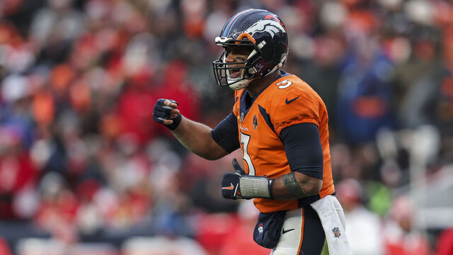 DENVER, COLORADO - OCTOBER 29: Russell Wilson #3 of the Denver Broncos reacts during an NFL football game between the Denver Broncos and the Kansas City Chiefs at Empower Field At Mile High on October 29, 2023 in Denver, Colorado.