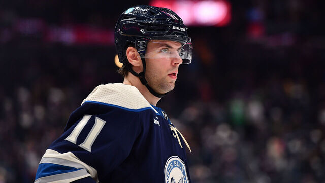 COLUMBUS, OHIO - OCTOBER 28: Adam Fantilli #11 of the Columbus Blue Jackets lines up prior to a face-off during the third period of a game against the New York Islanders at Nationwide Arena on October 28, 2023 in Columbus, Ohio.