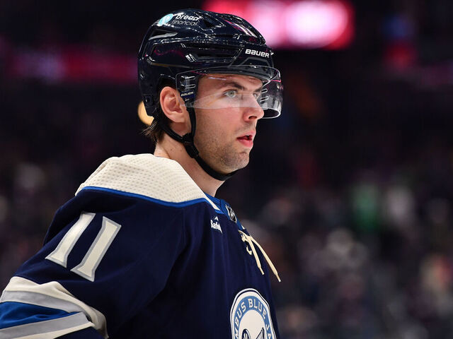 COLUMBUS, OHIO - OCTOBER 28: Adam Fantilli #11 of the Columbus Blue Jackets lines up prior to a face-off during the third period of a game against the New York Islanders at Nationwide Arena on October 28, 2023 in Columbus, Ohio.