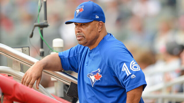 ATLANTA, GA JULY 11: Blue Jays bench coach DeMarlo Hale (16) looks on from the dugout during the game between Atlanta and Toronto on July 11th, 2018 at SunTrust Park in Atlanta, GA.