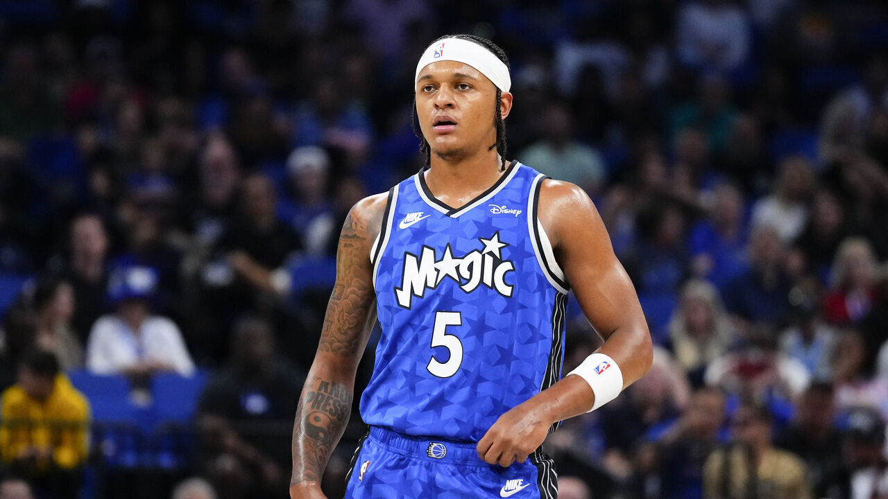 ORLANDO, FLORIDA - NOVEMBER 11: Paolo Banchero #5 of the Orlando Magic looks on against the Milwaukee Bucks during the first half at Amway Center on November 11, 2023 in Orlando, Florida. NOTE TO USER : User expressly acknowledges and agrees that, by downloading and or using this photograph, User is consenting to the terms and conditions of the Getty Images License Agreement.