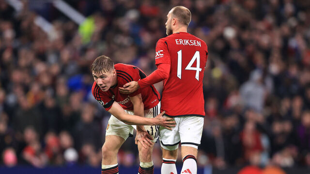 MANCHESTER, ENGLAND - OCTOBER 24: Rasmus Hojlund and Christian Eriksen of Manchester United during the UEFA Champions League Group A match between Manchester United and F.C. Copenhagen at Old Trafford on October 24, 2023 in Manchester, England.