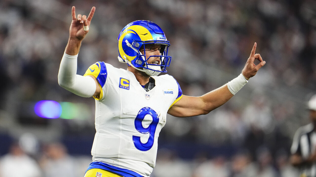 ARLINGTON, TX - OCTOBER 29: Matthew Stafford #9 of the Los Angeles Rams gives assignments during an NFL game against the Dallas Cowboys at AT&T Stadium on October 29, 2023 in Arlington, Texas.