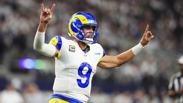 ARLINGTON, TX - OCTOBER 29: Matthew Stafford #9 of the Los Angeles Rams gives assignments during an NFL game against the Dallas Cowboys at AT&T Stadium on October 29, 2023 in Arlington, Texas.