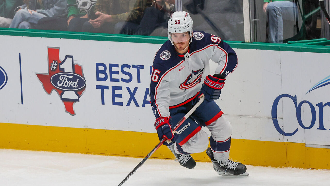 DALLAS, TX - OCTOBER 30: Columbus Blue Jackets center Jack Roslovic (96) skates with the puck during the game between the Dallas Stars and the Columbus Blue Jackets on October 30, 2023 at the American Airlines Center in Dallas, TX.