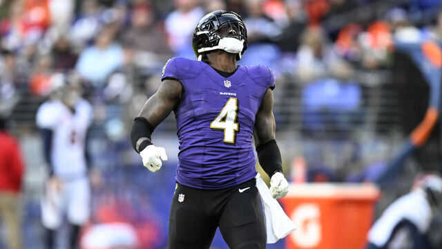 BALTIMORE, MARYLAND - DECEMBER 04: Jason Pierre-Paul #4 of the Baltimore Ravens celebrates a stop in the third quarter of a game against the Denver Broncos at M&T Bank Stadium on December 04, 2022 in Baltimore, Maryland.