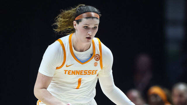 KNOXVILLE, TN - NOVEMBER 07: Tennessee Lady Vols guard Sara Puckett (1) pushes the ball up the court during the women's college basketball game between the Tennessee Lady Vols and the Florida A&M Lady Rattlers on November 7, 2023, in Thompson-Boling Arena at Food City Center, in Knoxville, TN.