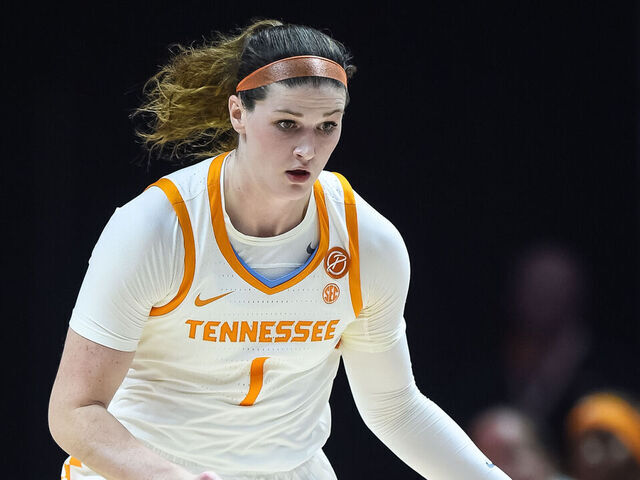 KNOXVILLE, TN - NOVEMBER 07: Tennessee Lady Vols guard Sara Puckett (1) pushes the ball up the court during the women's college basketball game between the Tennessee Lady Vols and the Florida A&M Lady Rattlers on November 7, 2023, in Thompson-Boling Arena at Food City Center, in Knoxville, TN.