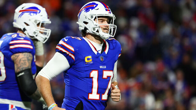 ORCHARD PARK, NEW YORK - NOVEMBER 13: Josh Allen #17 of the Buffalo Bills reacts after throwing an interception against the Denver Broncos during the second quarter of the game at Highmark Stadium on November 13, 2023 in Orchard Park, New York.