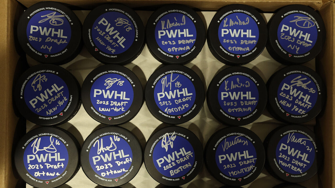 TORONTO, ON - SEPTEMBER 18 - Posters signed by draft picks at the inaugural Professional Women's Hockey League (PWHL) Draft at CBC's headquarters in Toronto. September 18, 2023. (Steve Russell/Toronto Star via Getty Images)