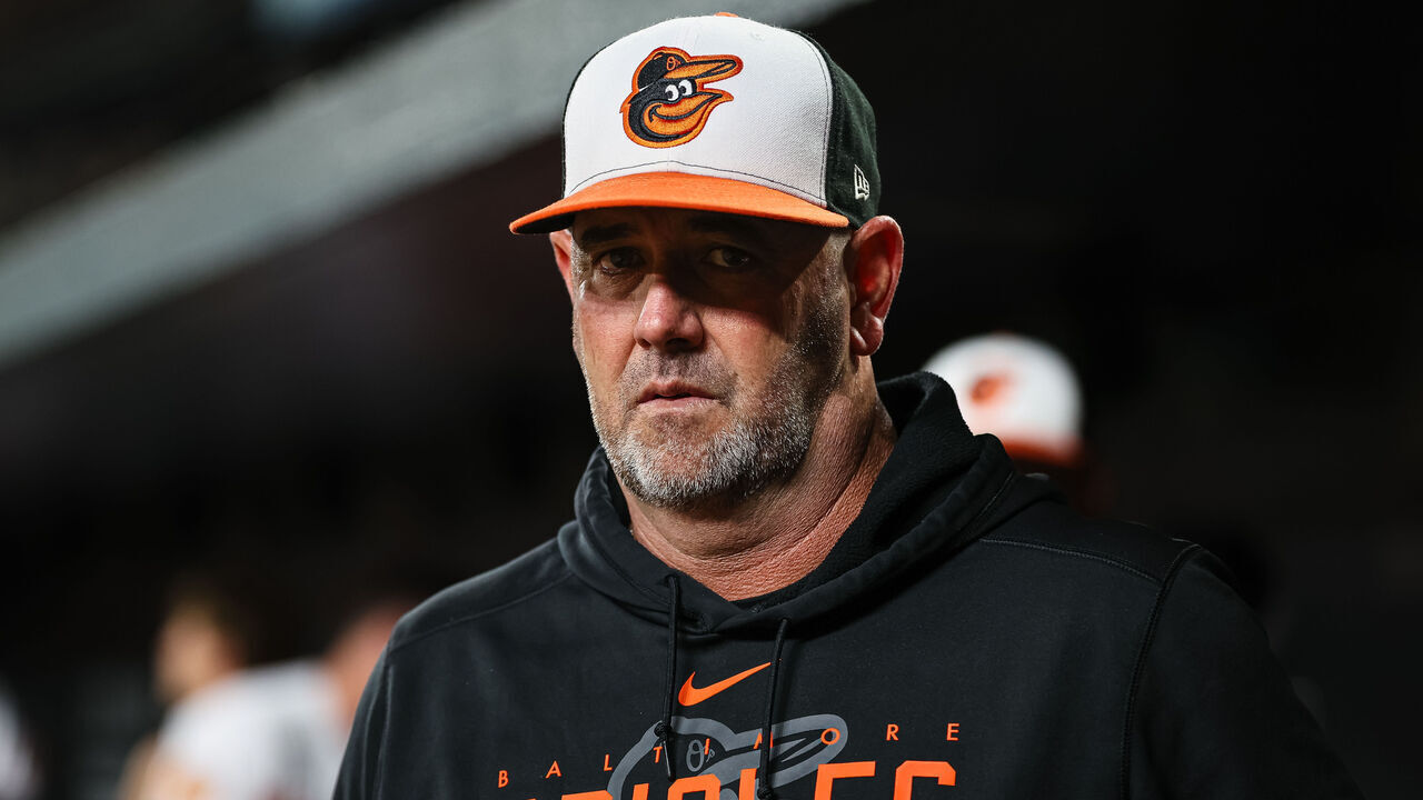 BALTIMORE, MD - AUGUST 22: Manager Brandon Hyde #18 of the Baltimore Orioles looks on against the Toronto Blue Jays during the eighth inning at Oriole Park at Camden Yards on August 22, 2023 in Baltimore, Maryland.