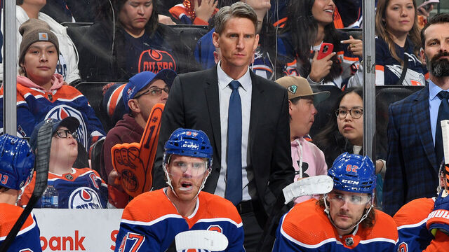 EDMONTON, CANADA - NOVEMBER 13: Head Coach Kris Knoblauch of the Edmonton Oilers looks on during the game against the New York Islanders at Rogers Place on November 13, 2023, in Edmonton, Alberta, Canada.