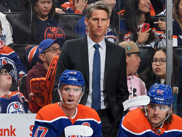 EDMONTON, CANADA - NOVEMBER 13: Head Coach Kris Knoblauch of the Edmonton Oilers looks on during the game against the New York Islanders at Rogers Place on November 13, 2023, in Edmonton, Alberta, Canada.