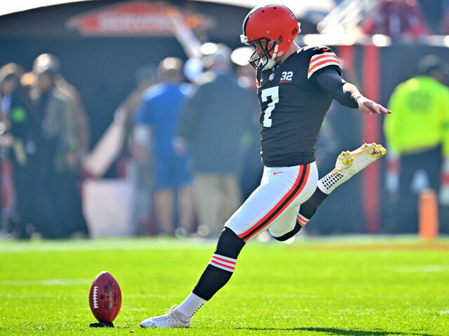 CLEVELAND, OHIO - NOVEMBER 05: Dustin Hopkins #7 of the Cleveland Browns takes the opening kick-off during the game against the Arizona Cardinals at Cleveland Browns Stadium on November 05, 2023 in Cleveland, Ohio.