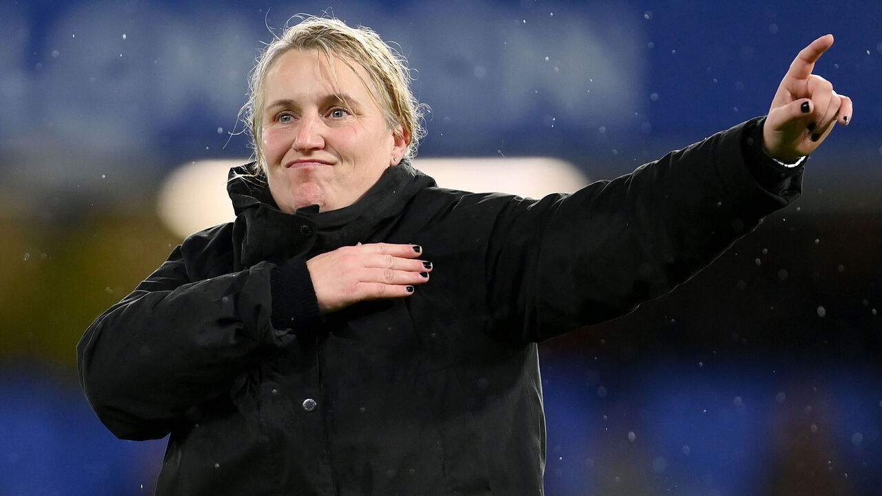 LONDON, ENGLAND - MARCH 30: Emma Hayes, Manager of Chelsea, celebrates victory following the UEFA Women's Champions League quarter-final 2nd leg match between Chelsea FC and Olympique Lyonnais at Stamford Bridge on March 30, 2023 in London, England.