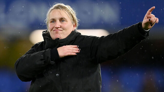 LONDON, ENGLAND - MARCH 30: Emma Hayes, Manager of Chelsea, celebrates victory following the UEFA Women's Champions League quarter-final 2nd leg match between Chelsea FC and Olympique Lyonnais at Stamford Bridge on March 30, 2023 in London, England.