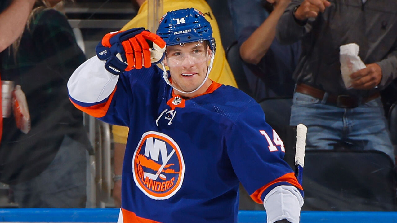 ELMONT, NEW YORK - OCTOBER 26: Bo Horvat #14 of the New York Islanders celebrates his first period goal against the Ottawa Senators at UBS Arena on October 26, 2023 in Elmont, New York.