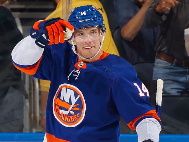 ELMONT, NEW YORK - OCTOBER 26: Bo Horvat #14 of the New York Islanders celebrates his first period goal against the Ottawa Senators at UBS Arena on October 26, 2023 in Elmont, New York.
