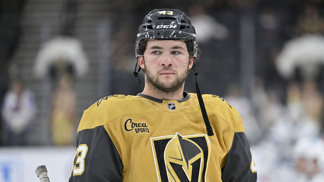 LAS VEGAS, NEVADA - NOVEMBER 10: Paul Cotter #43 of the Vegas Golden Knights warms up prior to a game against the San Jose Sharks at T-Mobile Arena on November 10, 2023 in Las Vegas, Nevada.